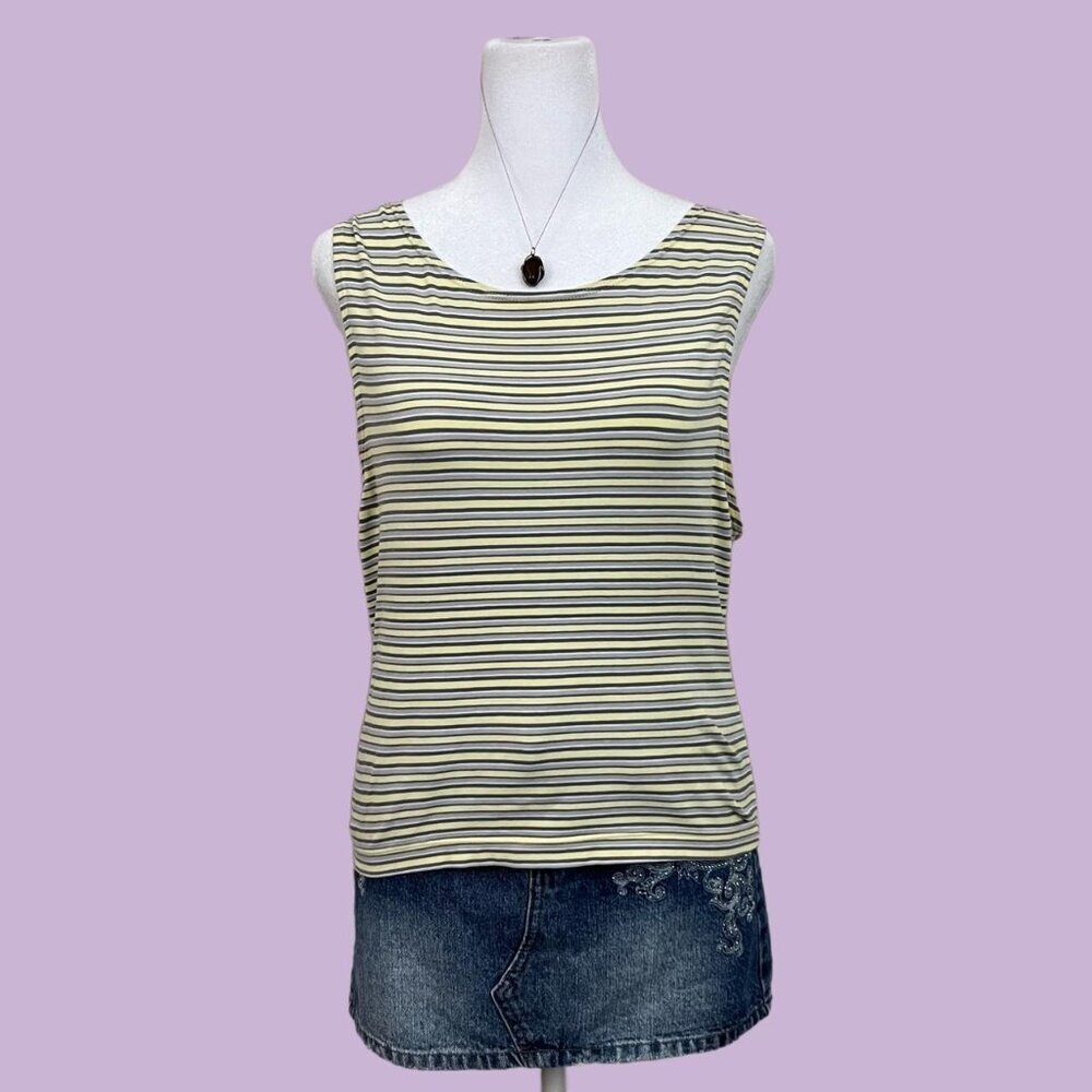 yellow and gray striped vintage 90s sleeveless stretchy top